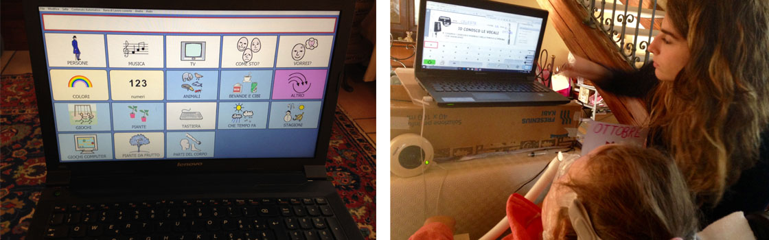 Doppia foto in cui a sinistra appare il pc con esempio di comunicazione simbolica, a destra appaiono Celeste ed Arianna che utilizzano il pc
